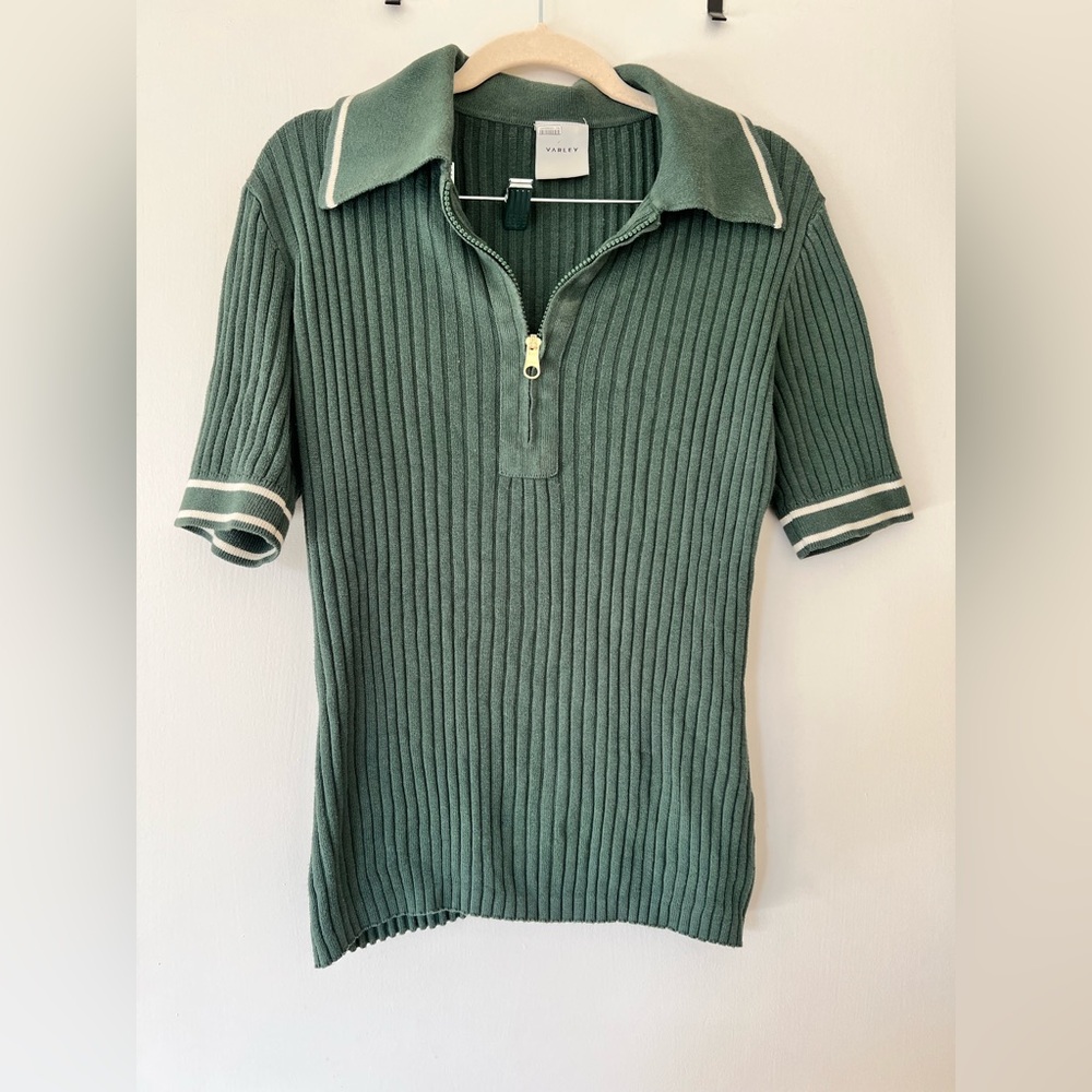 Varley Olive Green Ribbed Polo with Cream Tag Detail